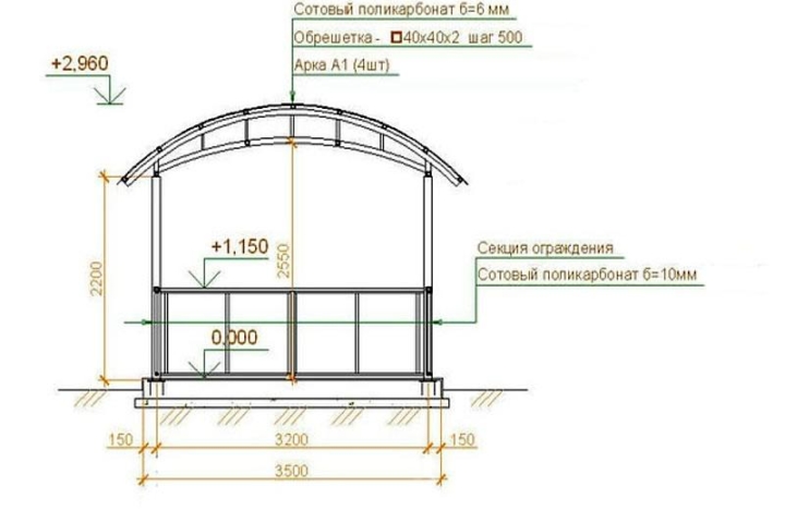 Чертеж беседки из металла и поликарбоната